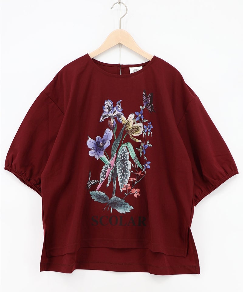 熱帯花柄 袖ギャザー入りTシャツ-13