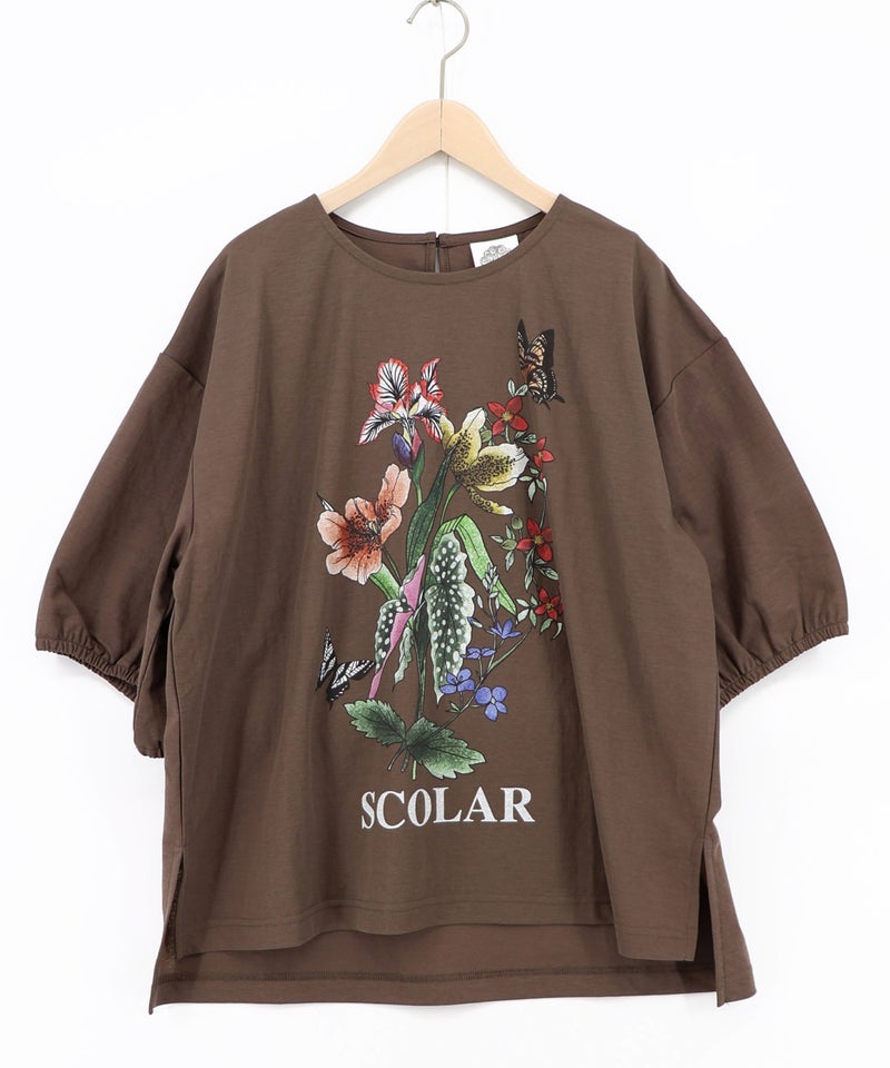 熱帯花柄 袖ギャザー入りTシャツ-15