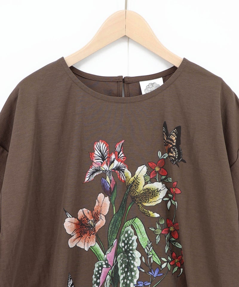 熱帯花柄 袖ギャザー入りTシャツ-17