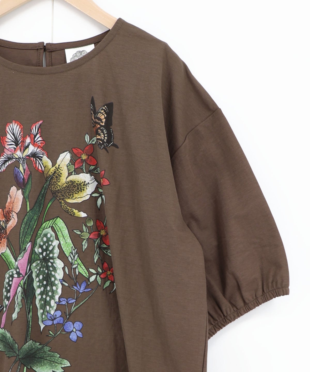 熱帯花柄 袖ギャザー入りTシャツ-18