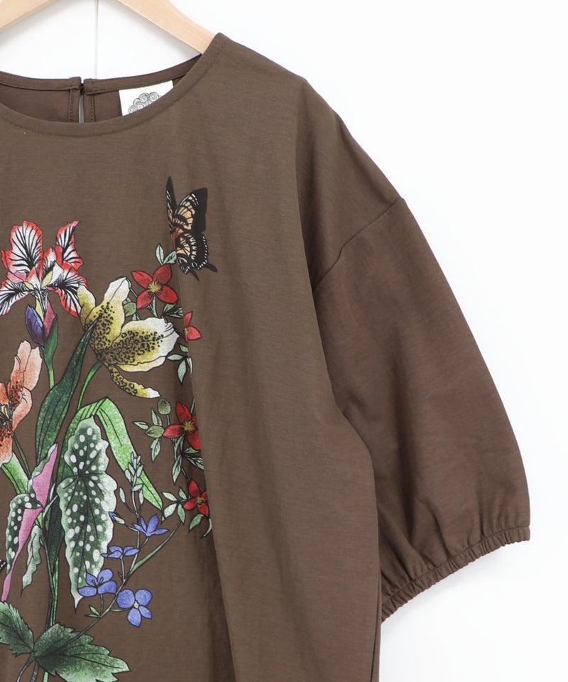 熱帯花柄 袖ギャザー入りTシャツ-18