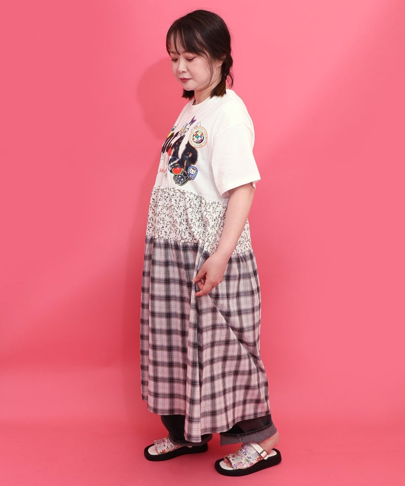 ポップロゴ×チェック×花柄 異素材切替ワンピース-4