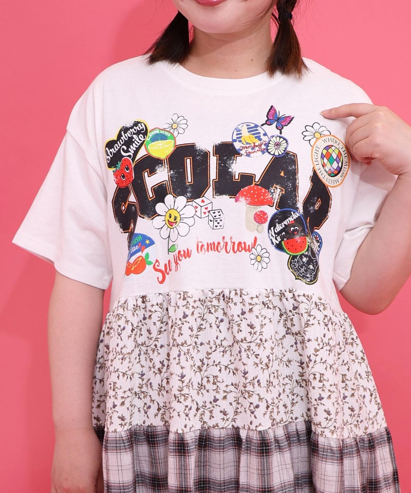 ポップロゴ×チェック×花柄 異素材切替ワンピース-5