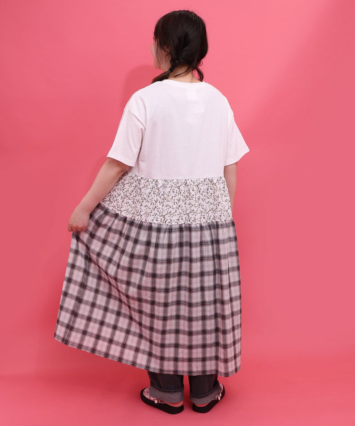 ポップロゴ×チェック×花柄 異素材切替ワンピース-6