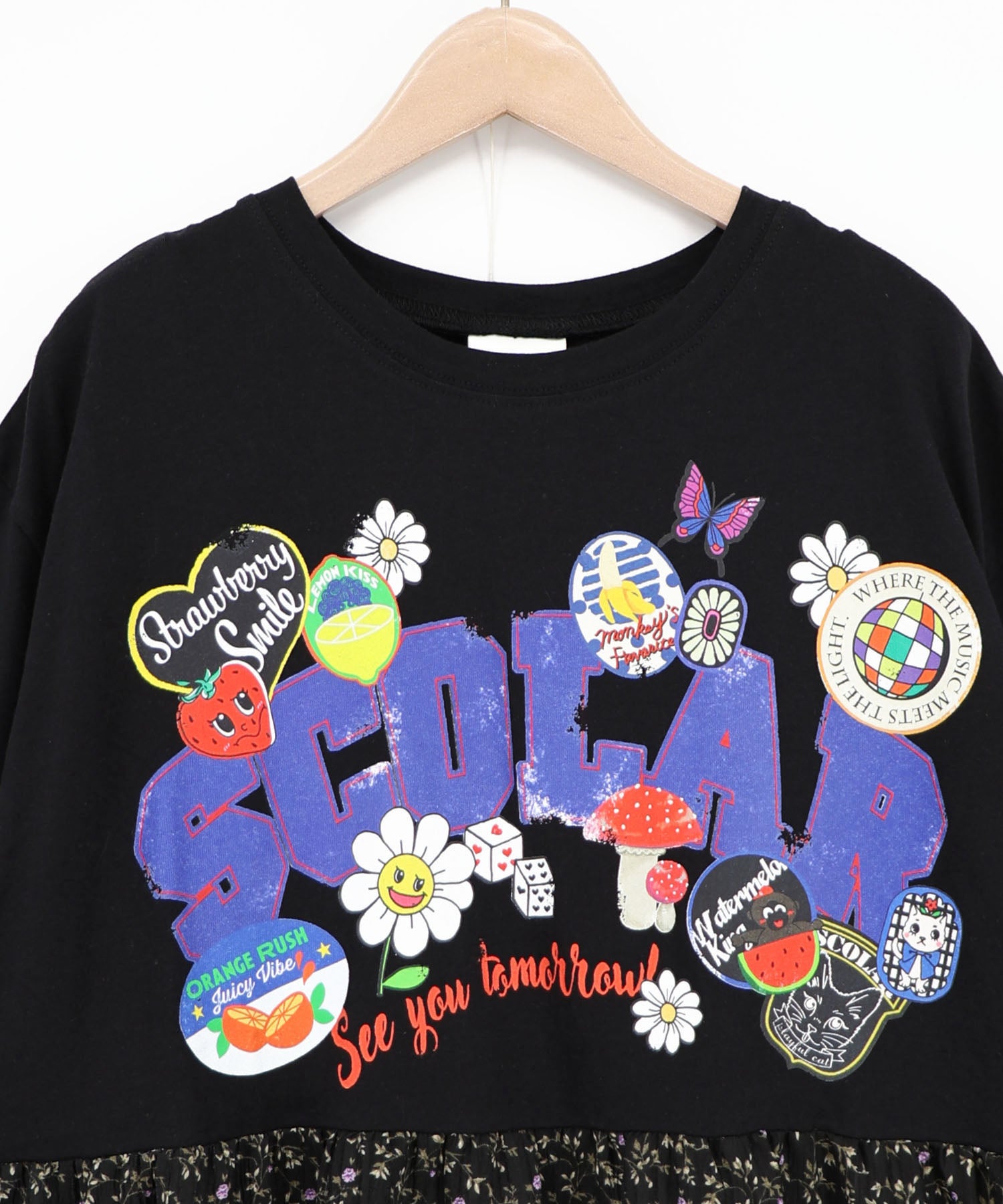 162695：ポップロゴ×チェック×花柄 異素材切替ワンピースの通販-ScoLar