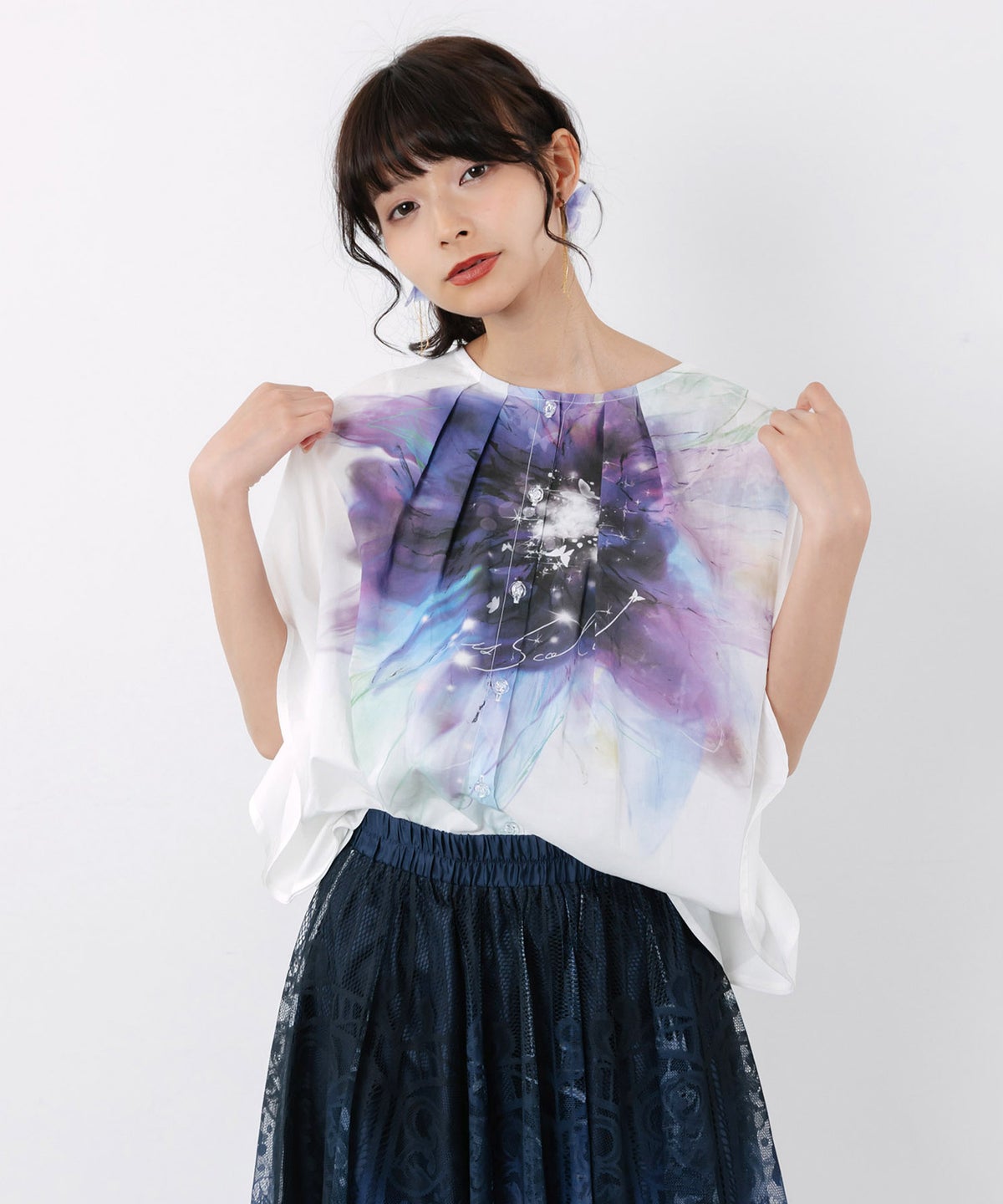 水彩風大花柄 ラウンドシルエットプルオーバー-1