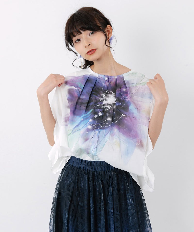 水彩風大花柄 ラウンドシルエットプルオーバー-1