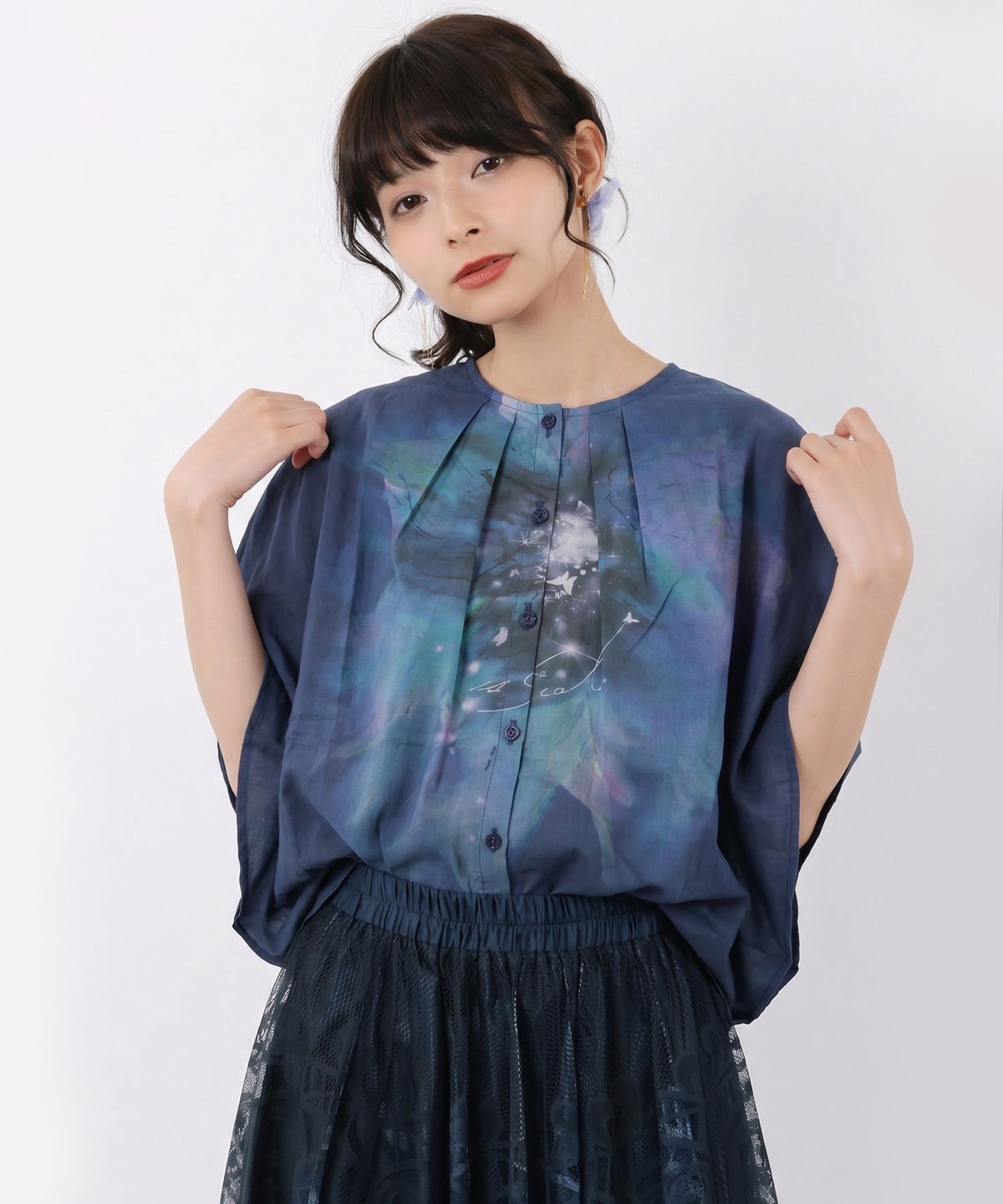 水彩風大花柄 ラウンドシルエットプルオーバー-1
