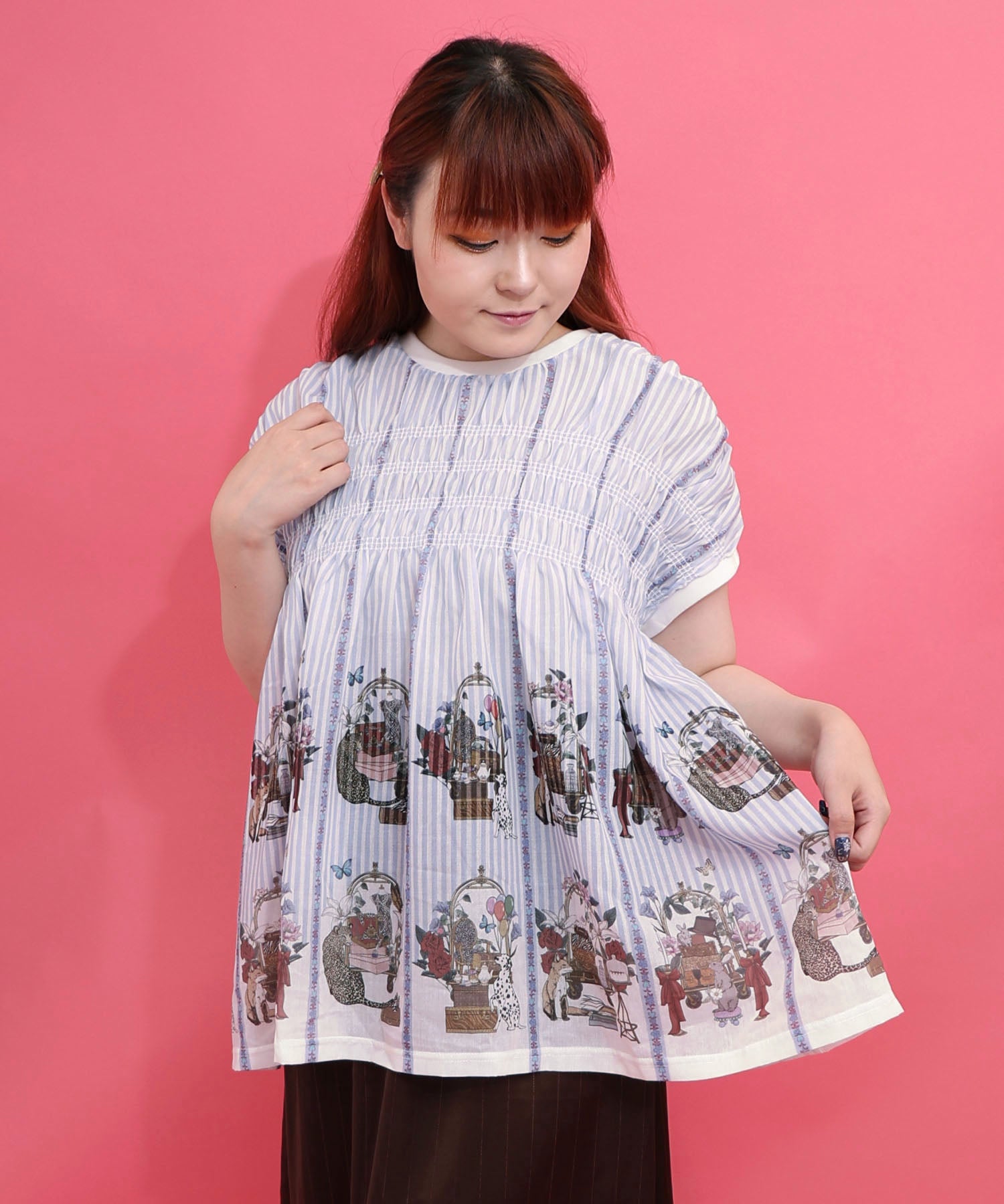 562235：ベルカート柄×ストライプ ギャザー入り配色チュニックの通販