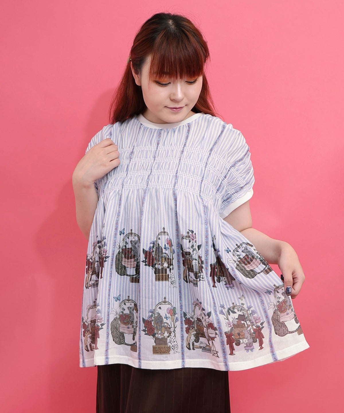ベルカート柄×ストライプ ギャザー入り配色チュニック-1