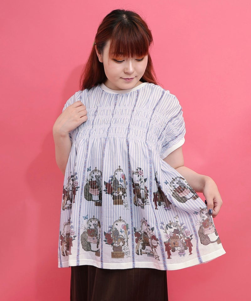 ベルカート柄×ストライプ ギャザー入り配色チュニック-1