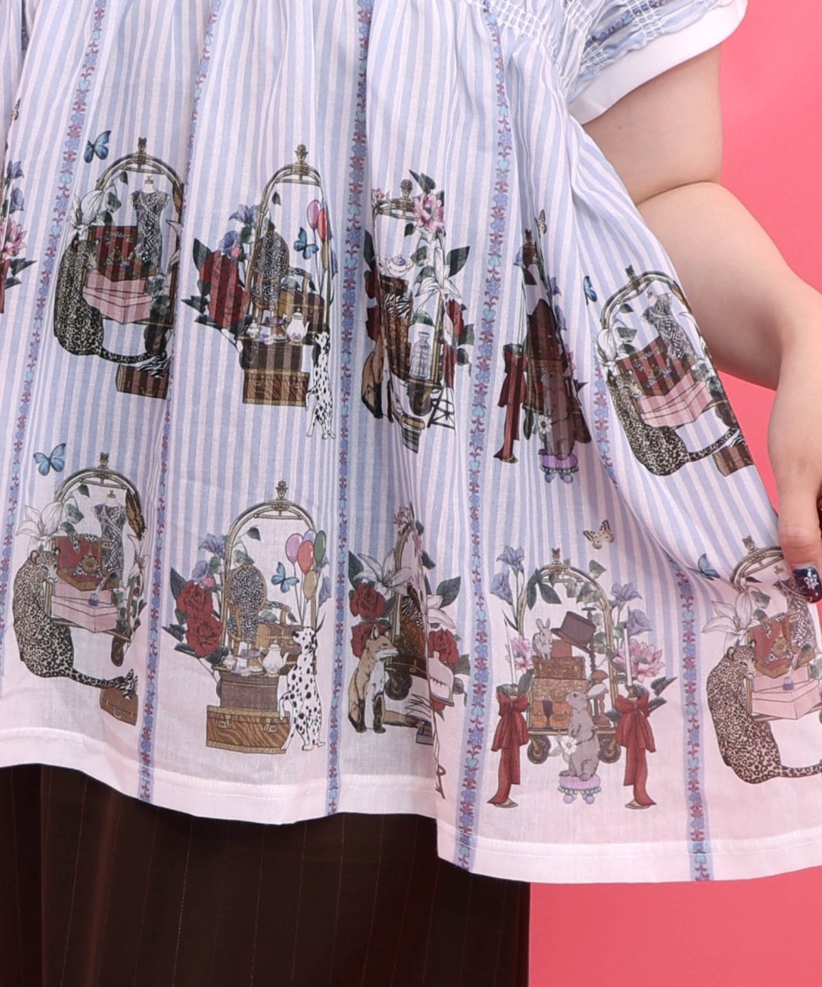 ベルカート柄×ストライプ ギャザー入り配色チュニック-5