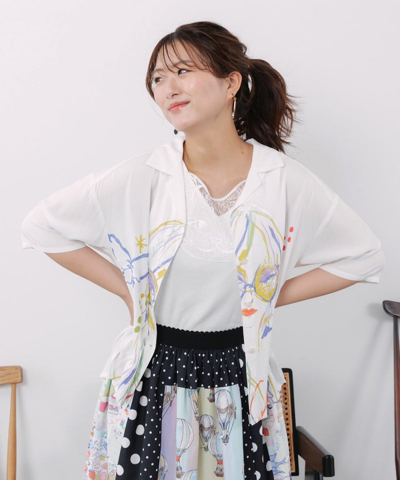 パステル調サングラスガール柄 レーヨンシャツ-1