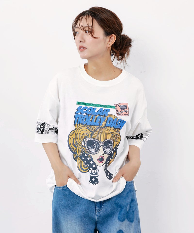 びっくりガール柄 四コマ風Tシャツ-1
