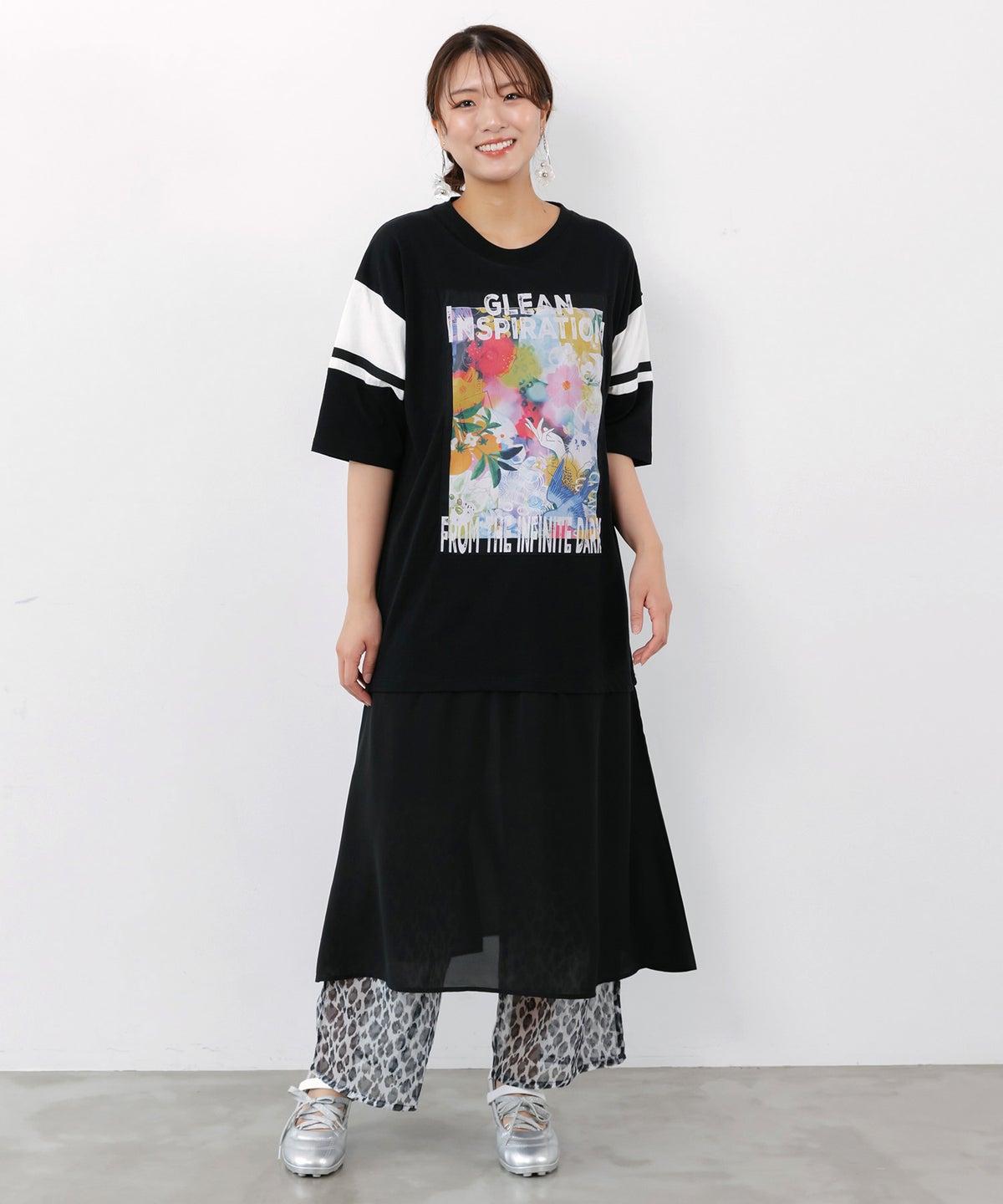 アート柄アップリケ シアー裾切替ワンピース-1