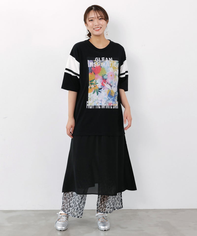 アート柄アップリケ シアー裾切替ワンピース-1