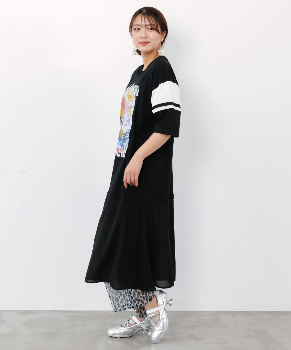 アート柄アップリケ シアー裾切替ワンピース-2
