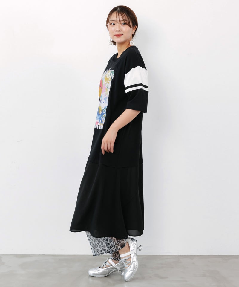 アート柄アップリケ シアー裾切替ワンピース-2