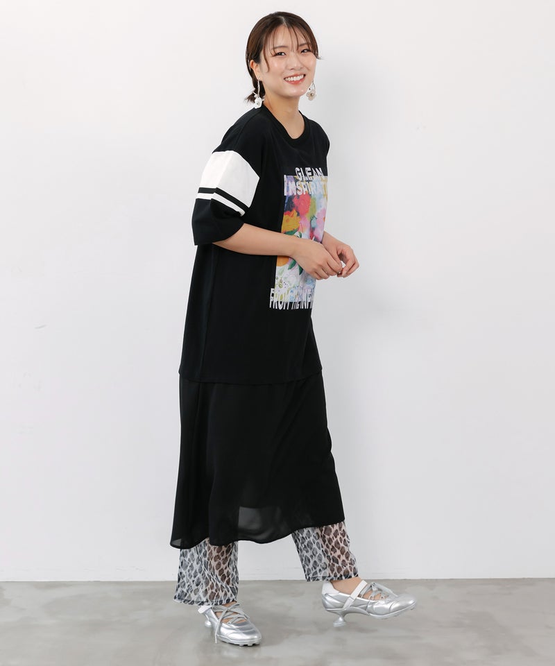 アート柄アップリケ シアー裾切替ワンピース-4