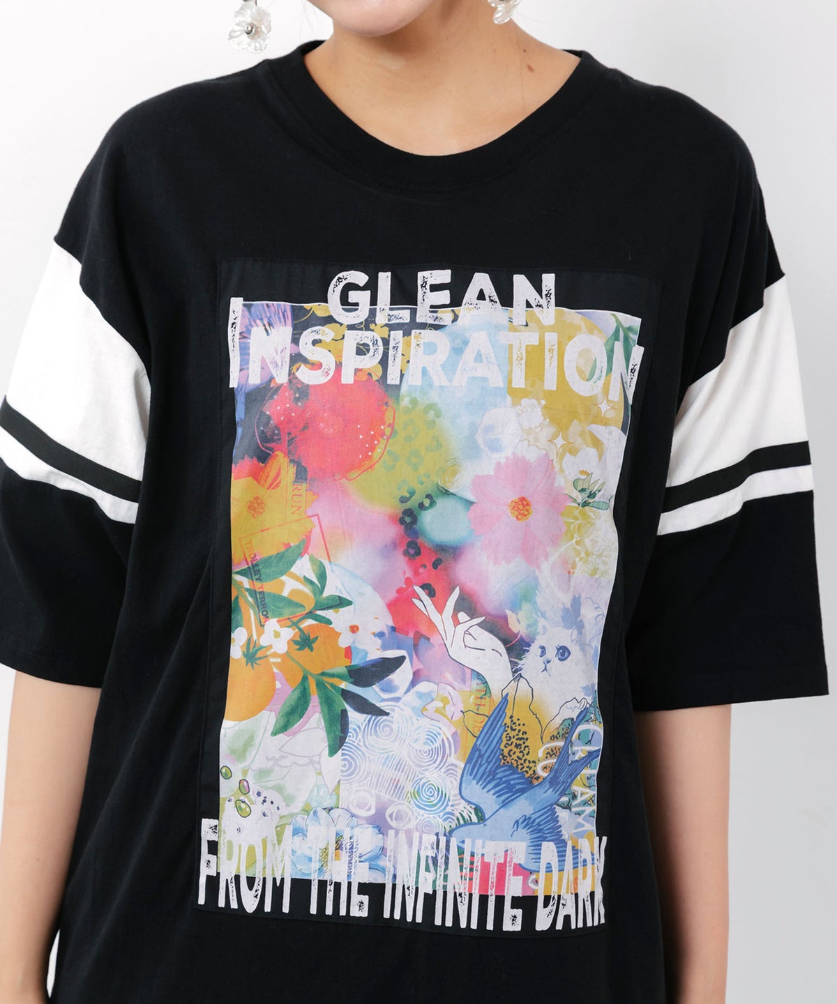 アート柄アップリケ シアー裾切替ワンピース-8