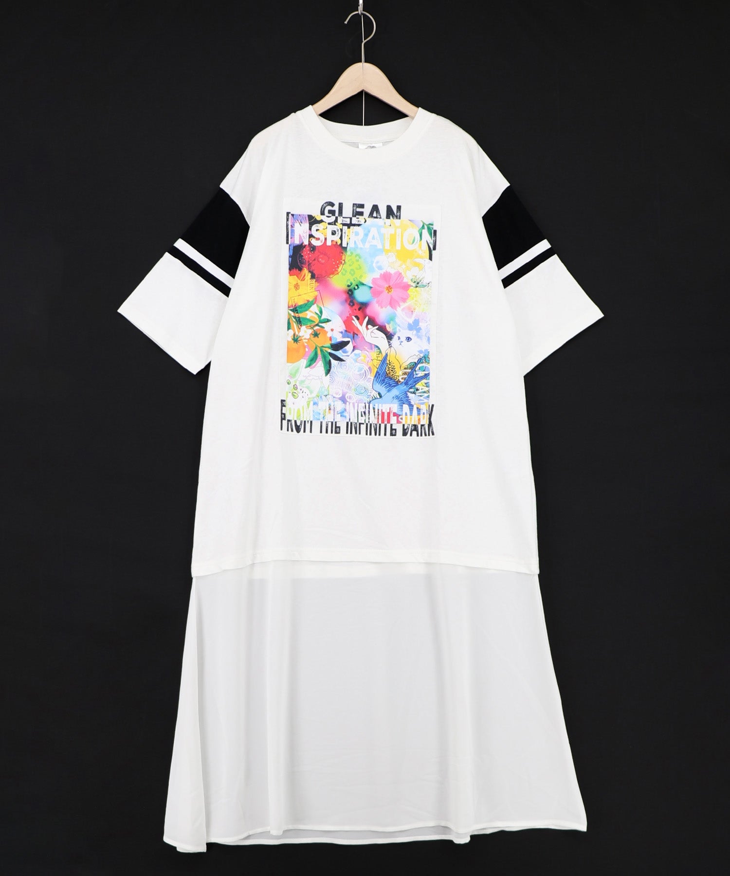 162709：アート柄アップリケ シアー裾切替ワンピースの通販-ScoLar