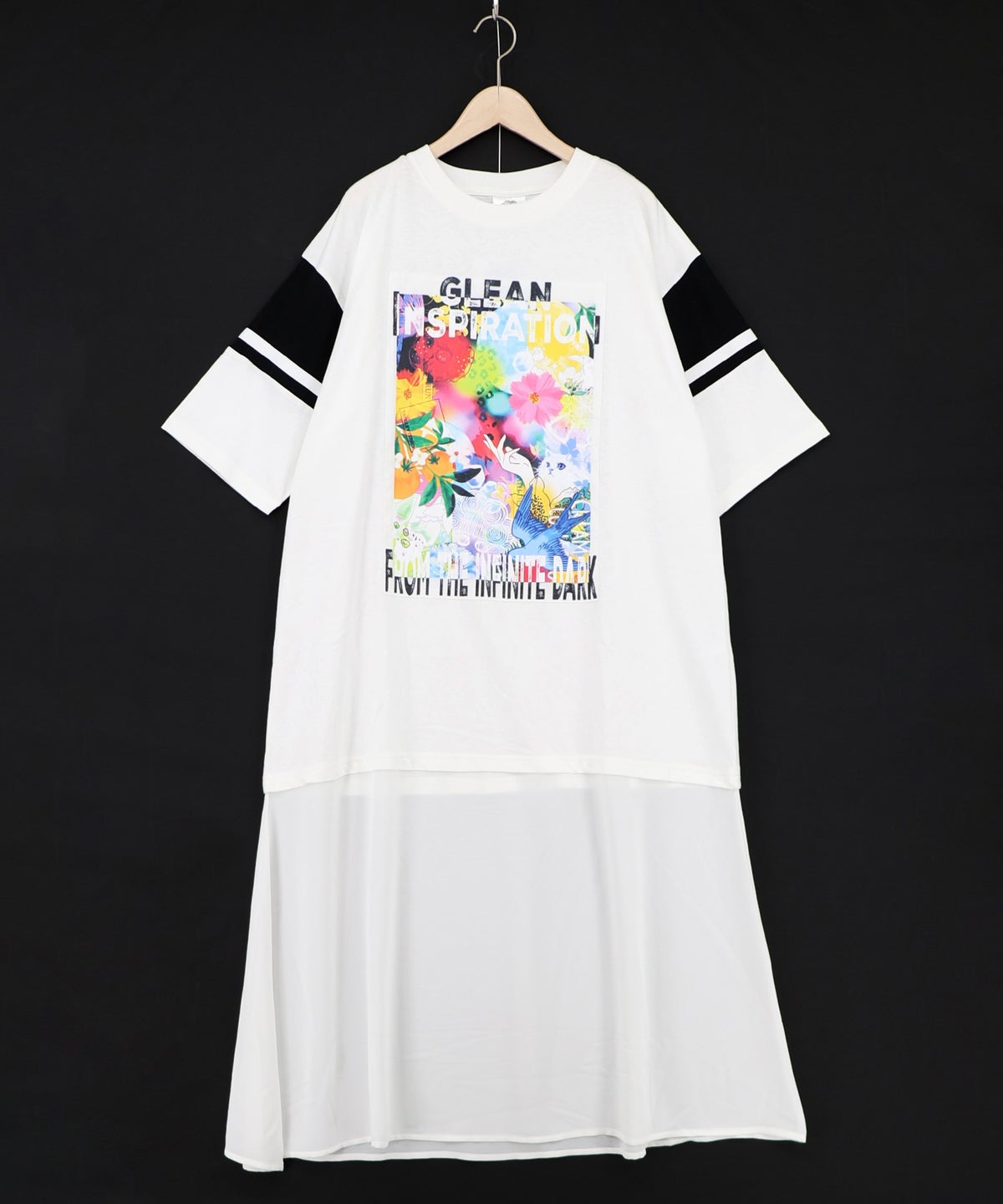 アート柄アップリケ シアー裾切替ワンピース-9