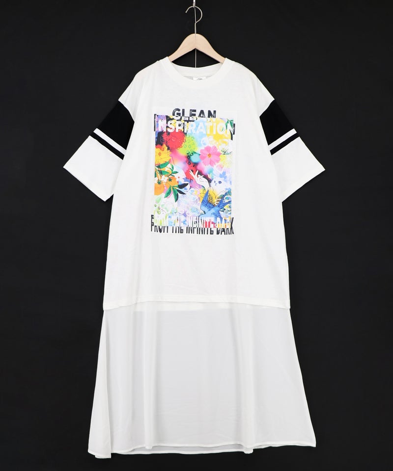 アート柄アップリケ シアー裾切替ワンピース-9