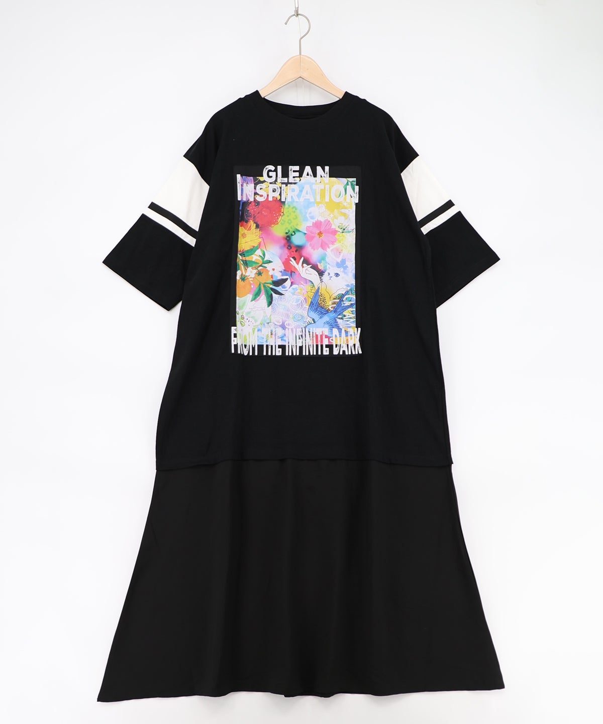 アート柄アップリケ シアー裾切替ワンピース-11