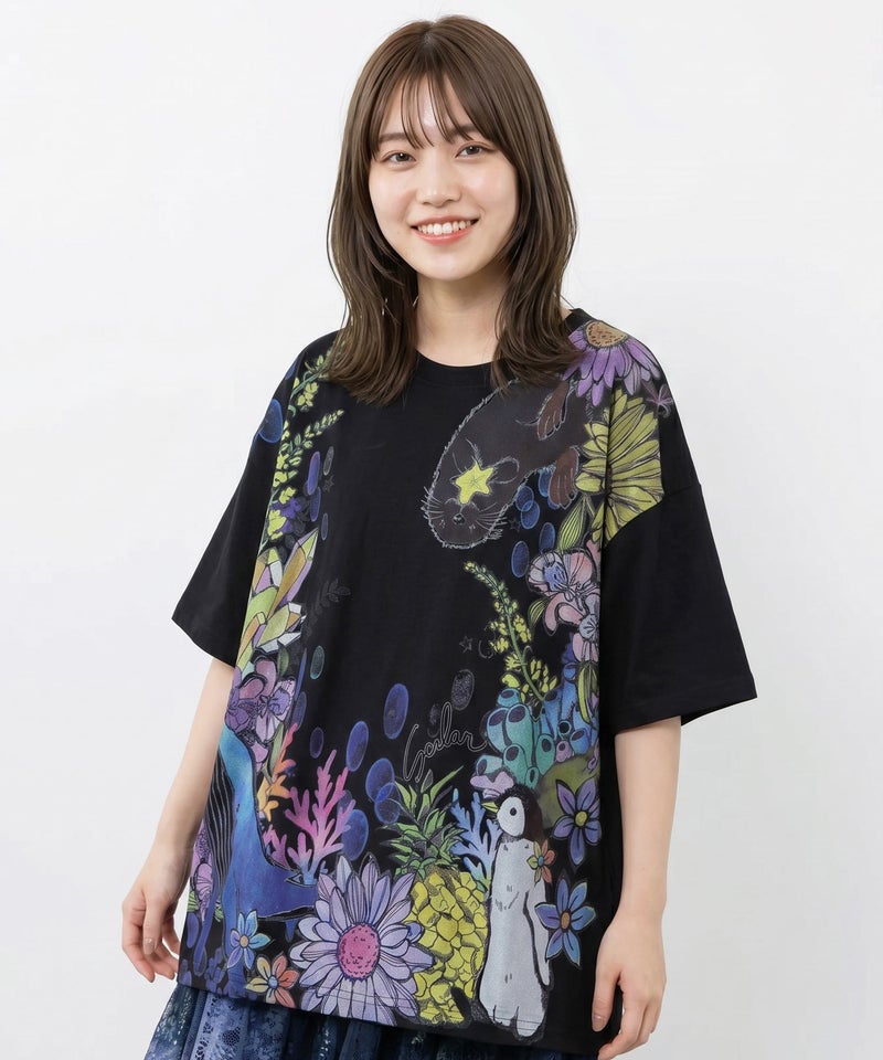 お花いっぱい水族館柄Tシャツ-1