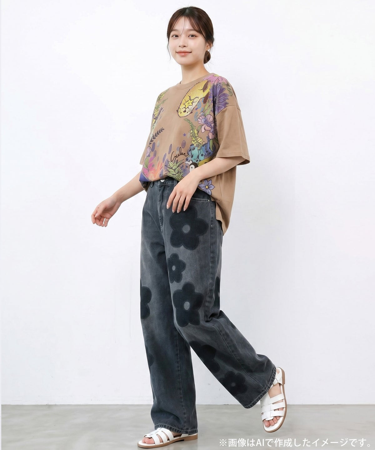 お花いっぱい水族館柄Tシャツ-2