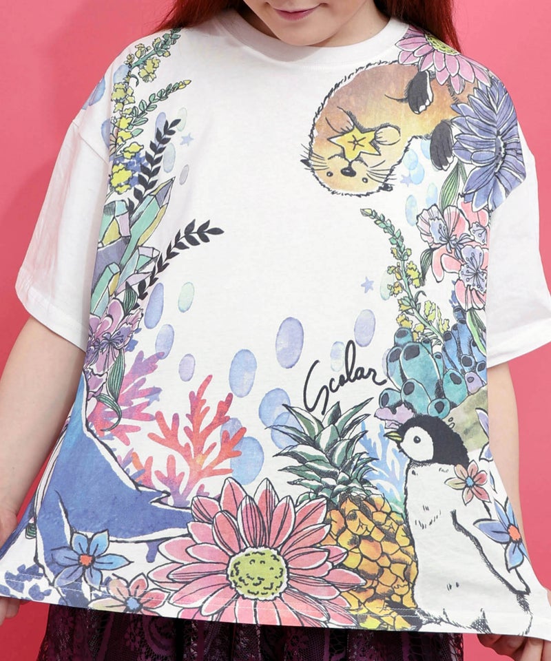お花いっぱい水族館柄Tシャツ-7