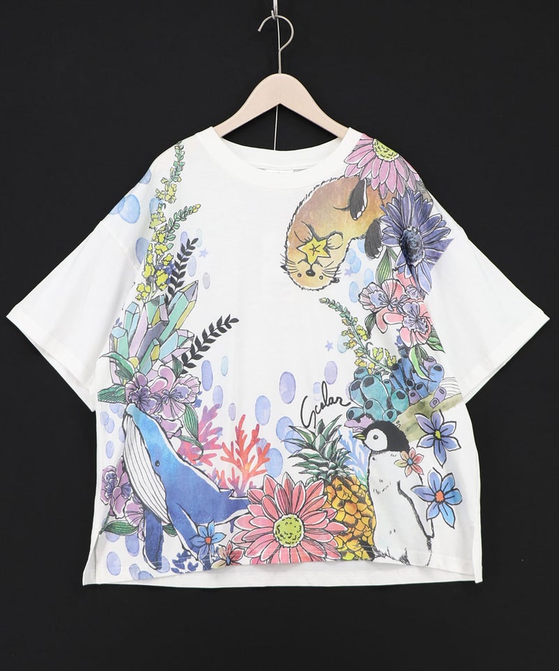 お花いっぱい水族館柄Tシャツ-8