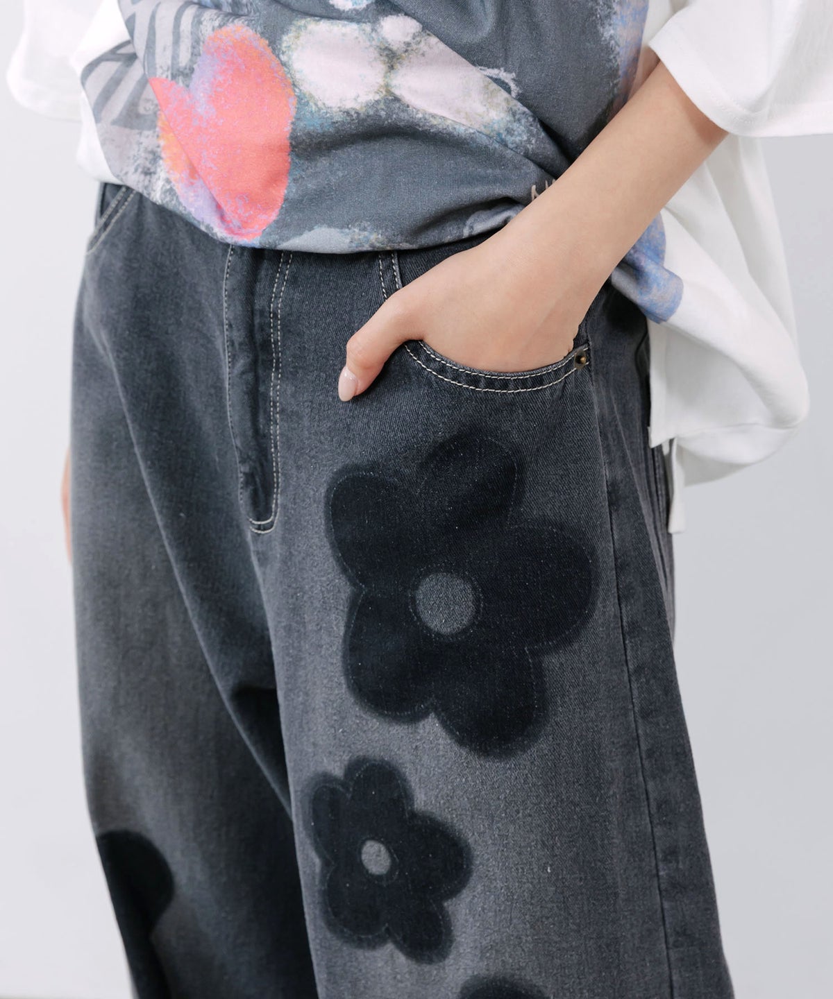 フラワー柄 ブリーチ加工デニムパンツ-7