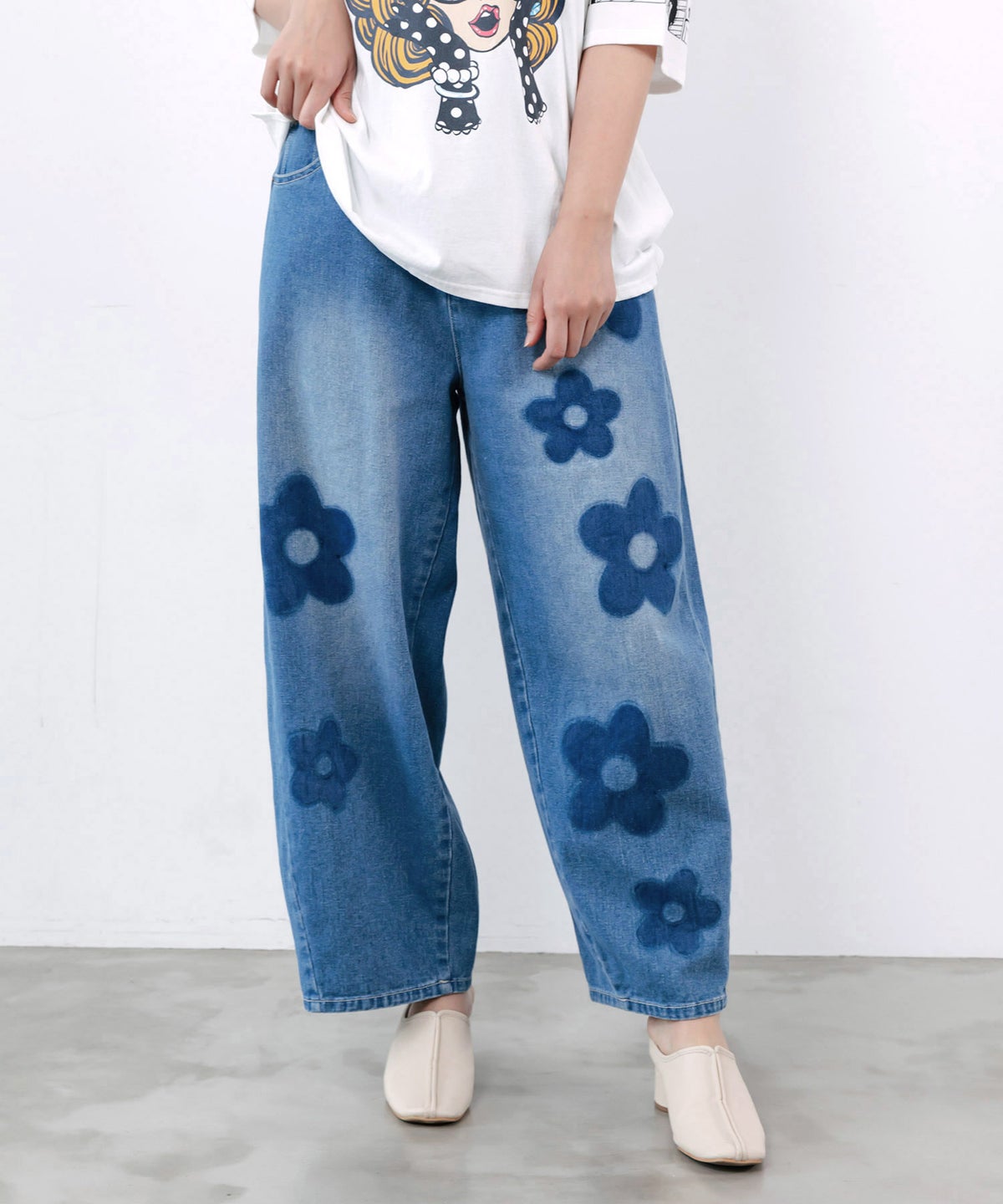 フラワー柄 ブリーチ加工デニムパンツ-9