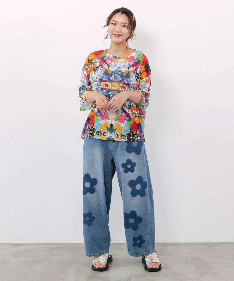 フラワー柄 ブリーチ加工デニムパンツ-15