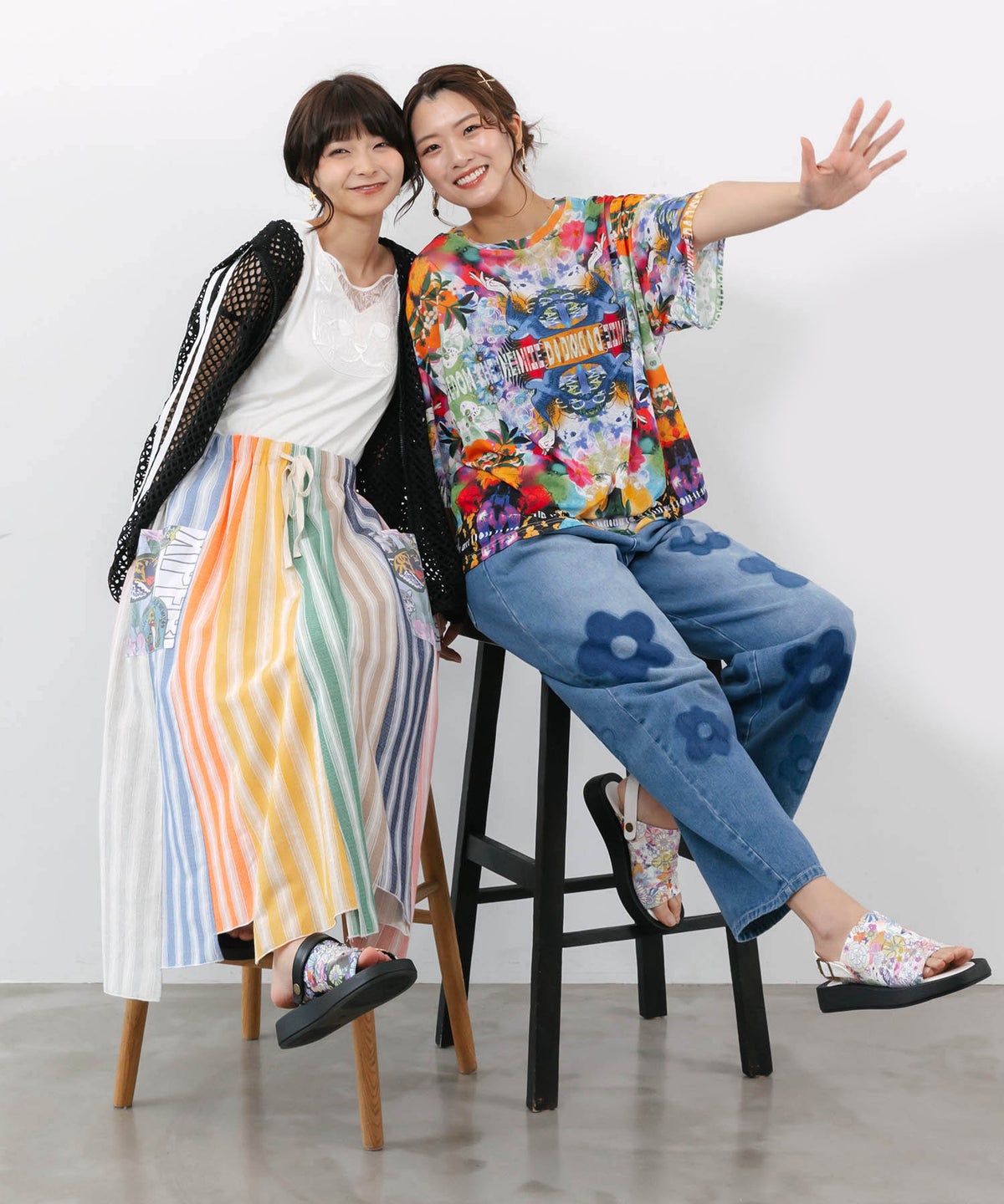 フラワー柄 ブリーチ加工デニムパンツ-16