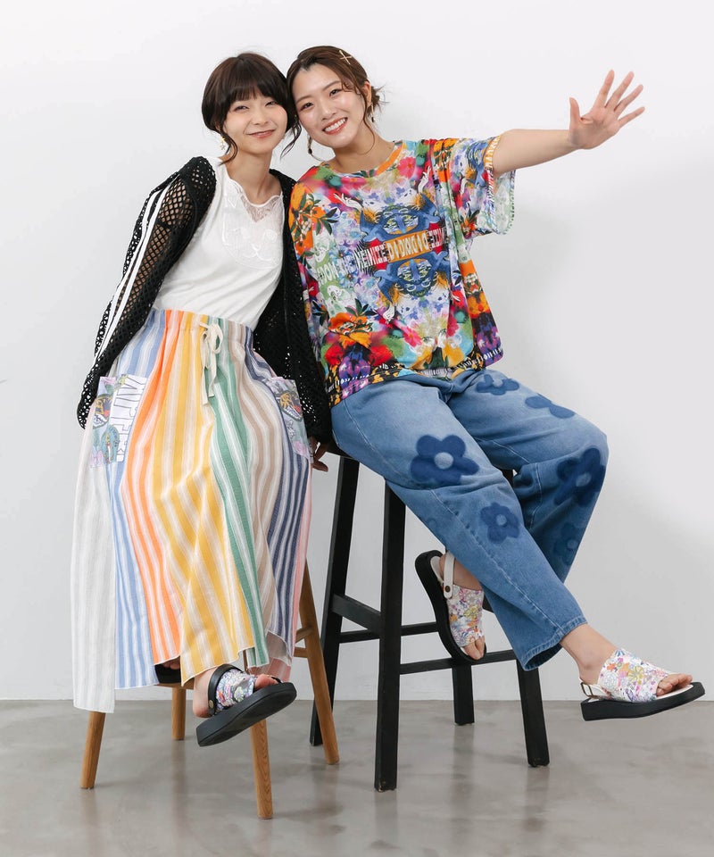 フラワー柄 ブリーチ加工デニムパンツ-16