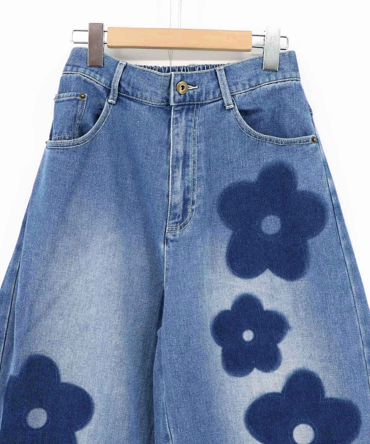 フラワー柄 ブリーチ加工デニムパンツ-23