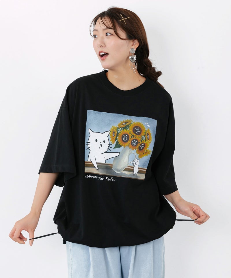 ネコの襲来アート柄 ドロスト付きTシャツ-1