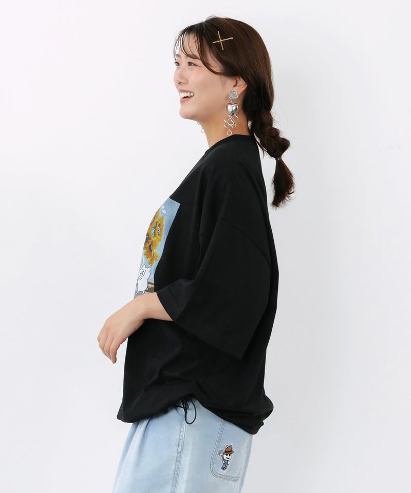 ネコの襲来アート柄 ドロスト付きTシャツ-4
