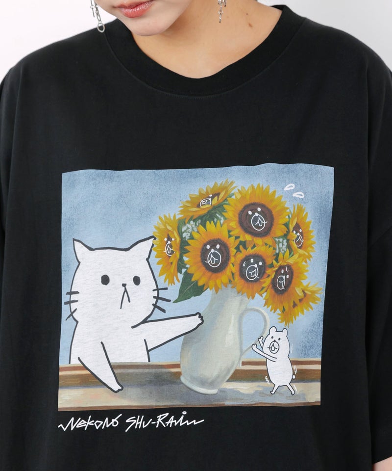 ネコの襲来アート柄 ドロスト付きTシャツ-7