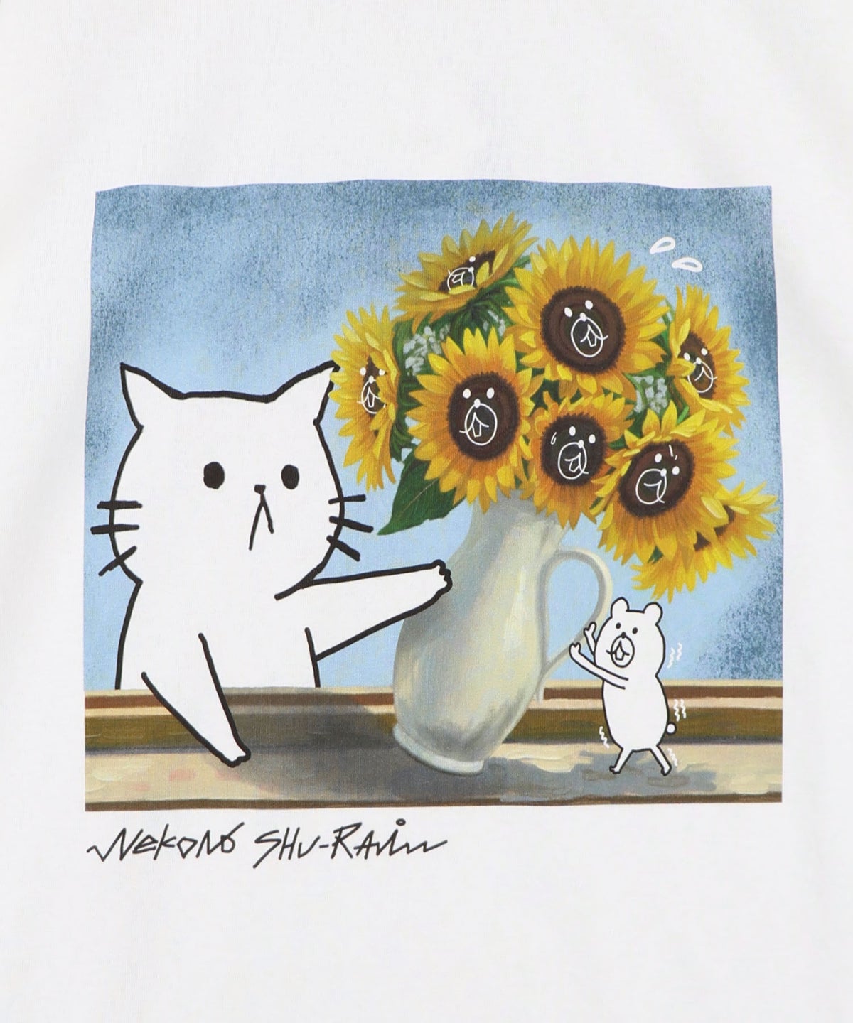 ネコの襲来アート柄 ドロスト付きTシャツ-10