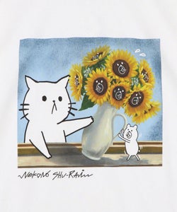ネコの襲来アート柄 ドロスト付きTシャツ-10