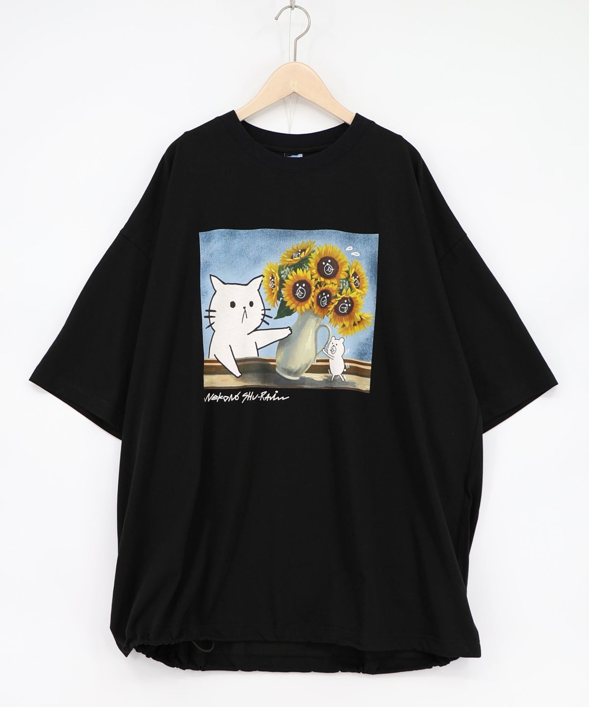 ネコの襲来アート柄 ドロスト付きTシャツ-11