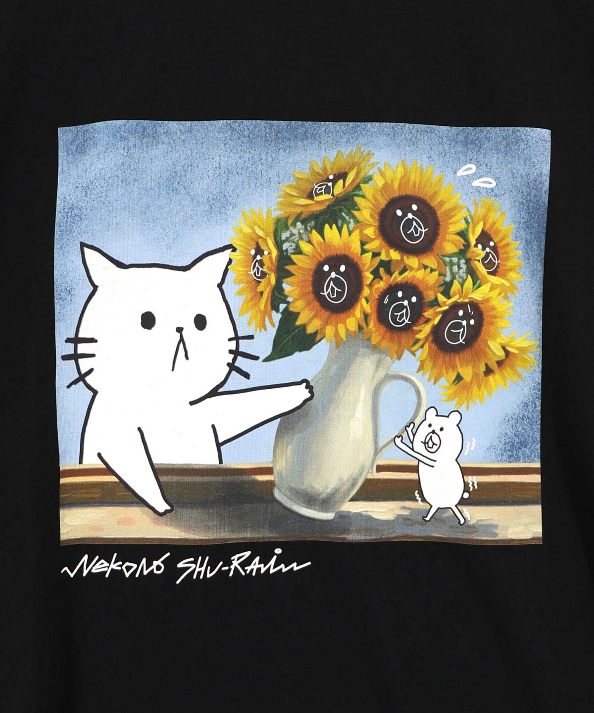 ネコの襲来アート柄 ドロスト付きTシャツ-12