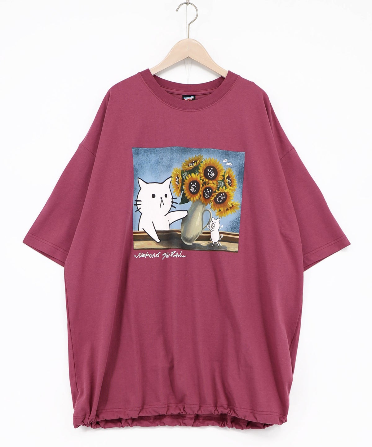ネコの襲来アート柄 ドロスト付きTシャツ-13