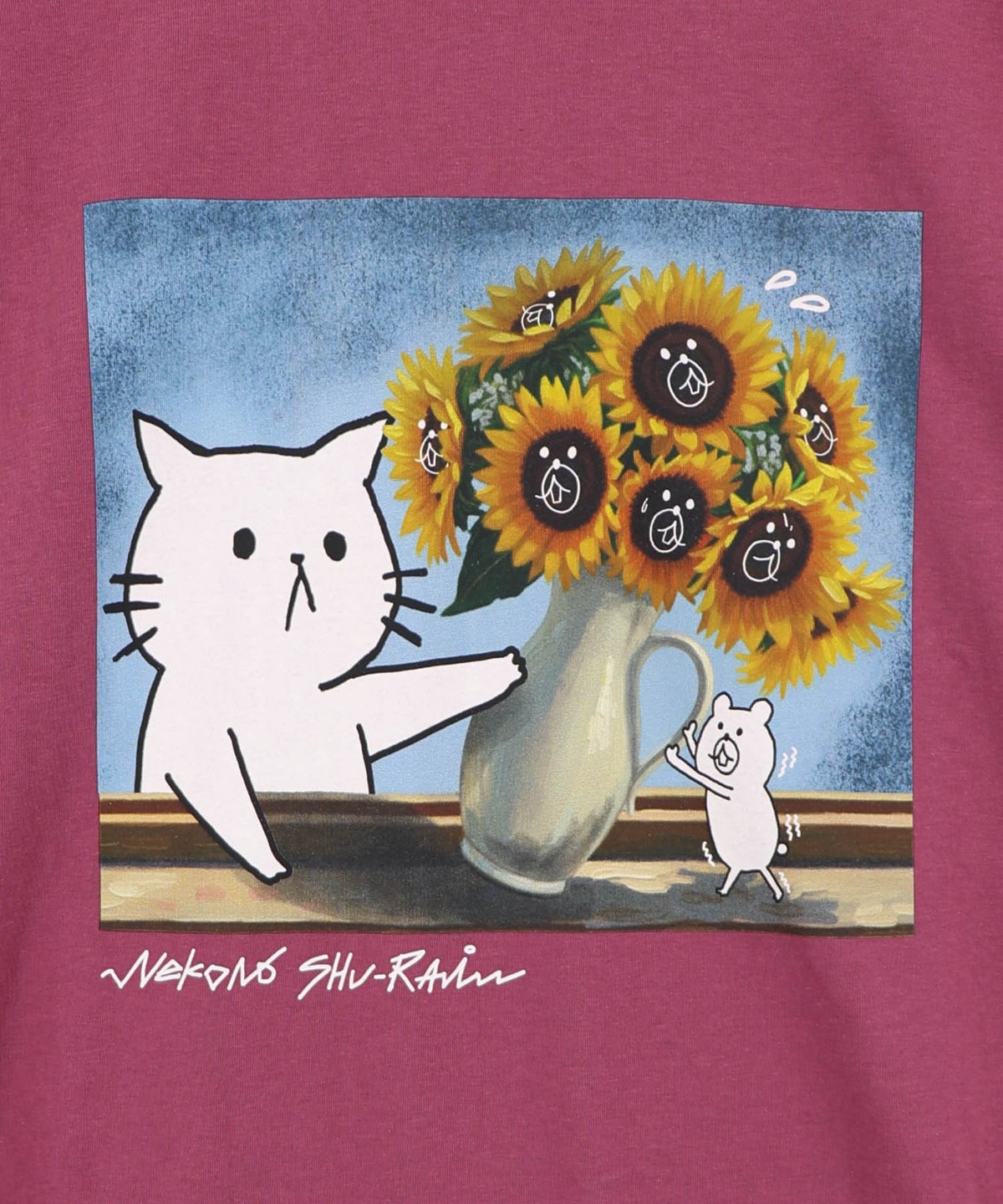 ネコの襲来アート柄 ドロスト付きTシャツ-14