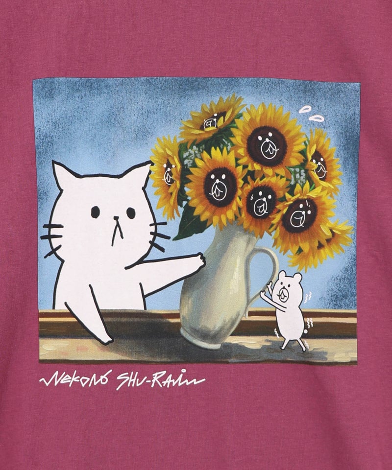 ネコの襲来アート柄 ドロスト付きTシャツ-14