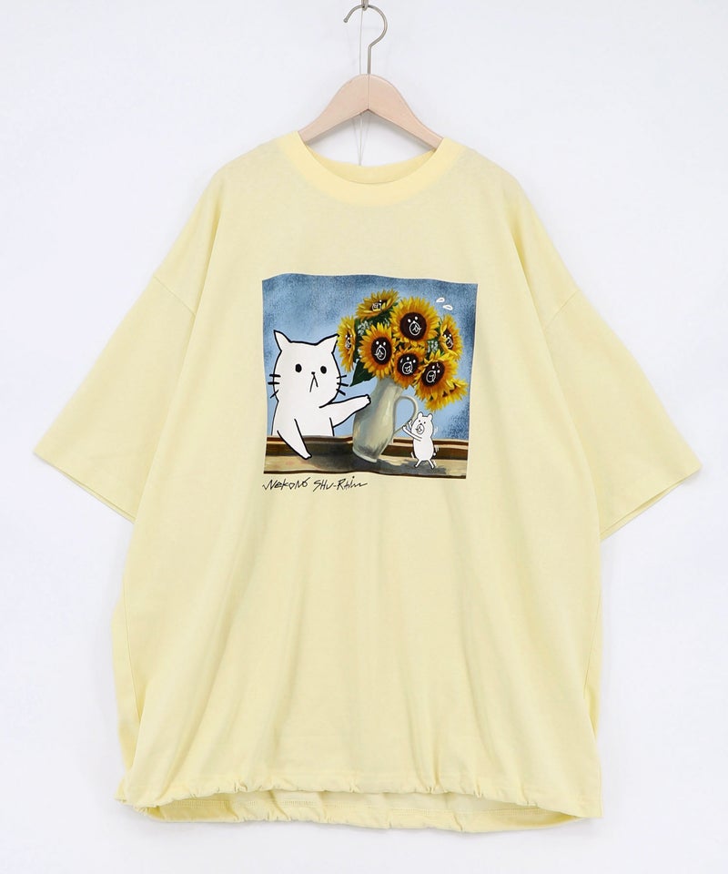 ネコの襲来アート柄 ドロスト付きTシャツ-15