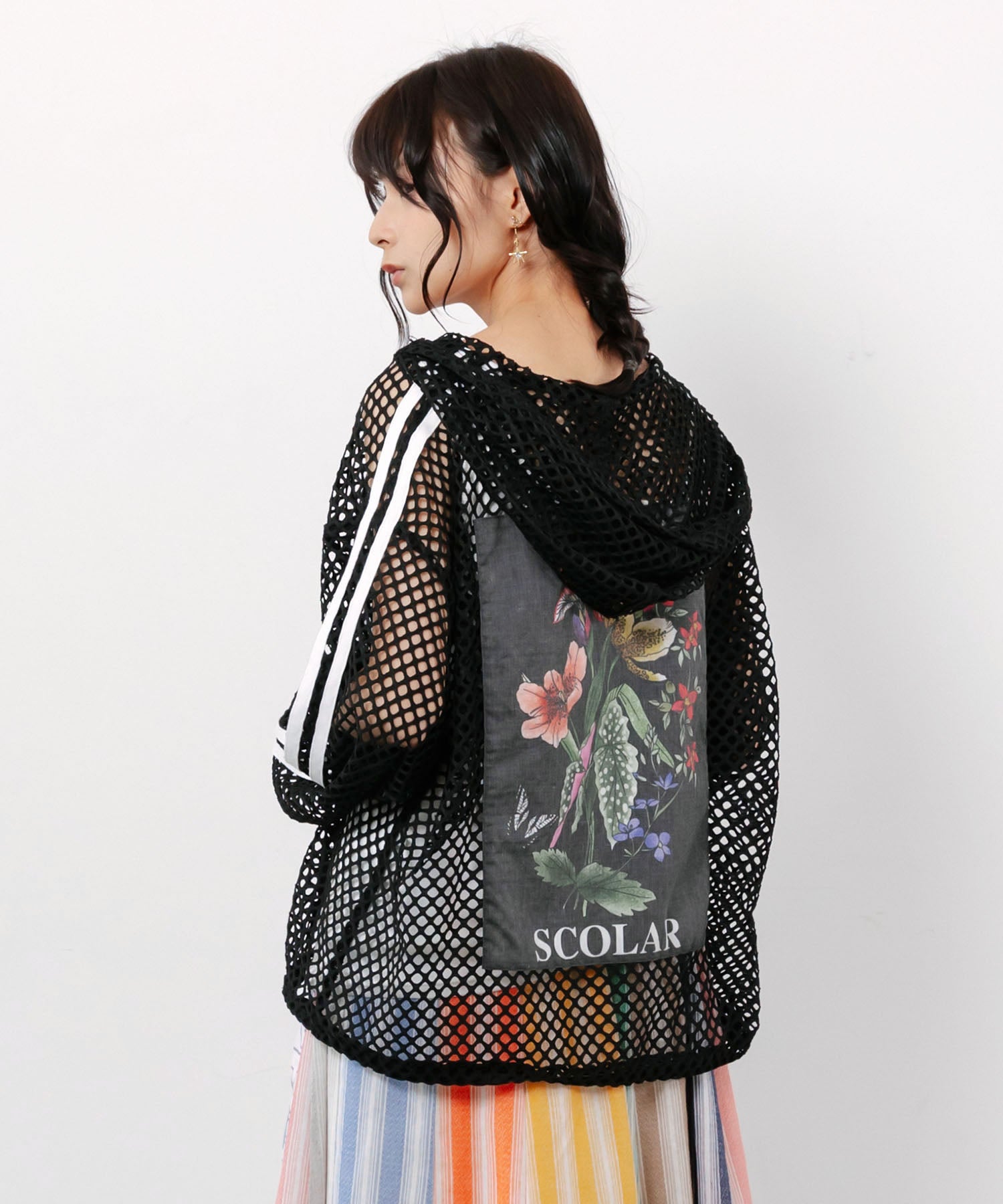 162687：熱帯花柄アップリケ付き ライン入りメッシュパーカーの通販-ScoLar